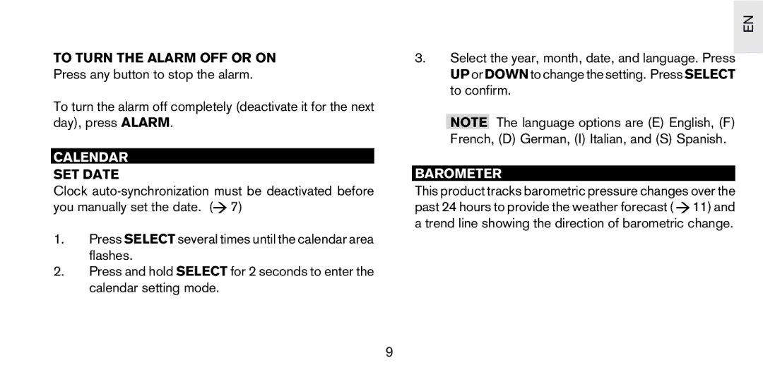 Oregon Scientific PS-S02/PS-S02U user manual To Turn the Alarm OFF or on, Calendar, SET Date, Barometer 