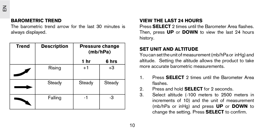 Oregon Scientific PS-S02/PS-S02U user manual Barometric Trend, View the Last 24 Hours, SET Unit and Altitude 