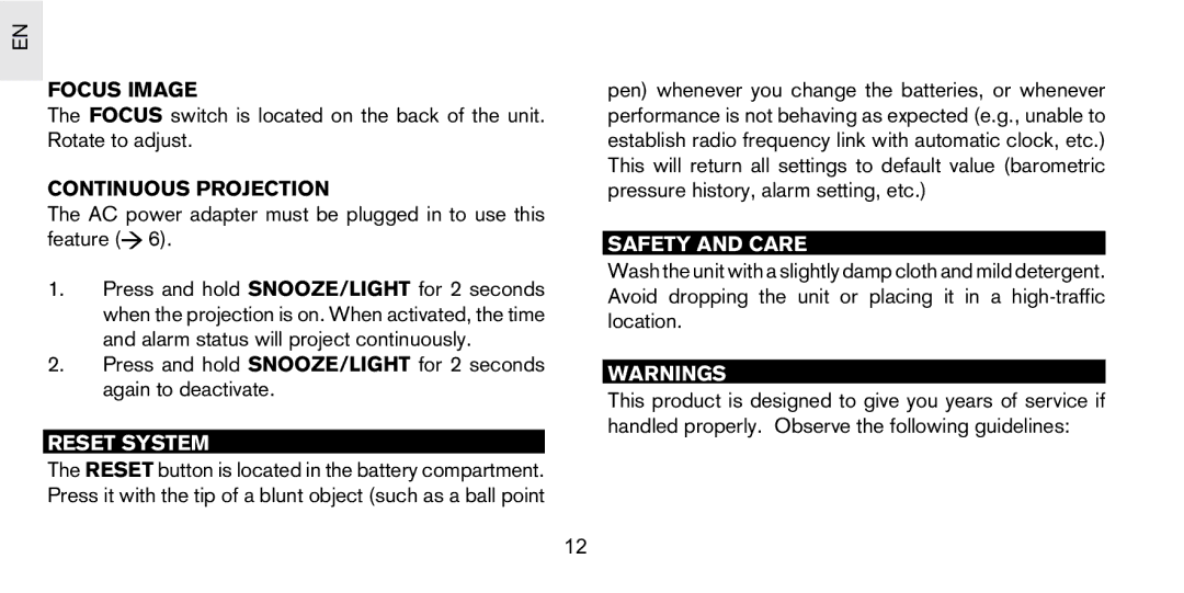 Oregon Scientific PS-S02/PS-S02U user manual Focus Image, Continuous Projection, Reset System, Safety and Care 