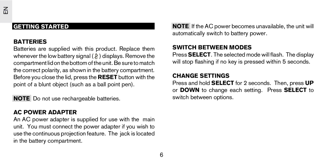 Oregon Scientific PS-S02/PS-S02U Getting Started, Batteries, AC Power Adapter, Switch Between Modes, Change Settings 