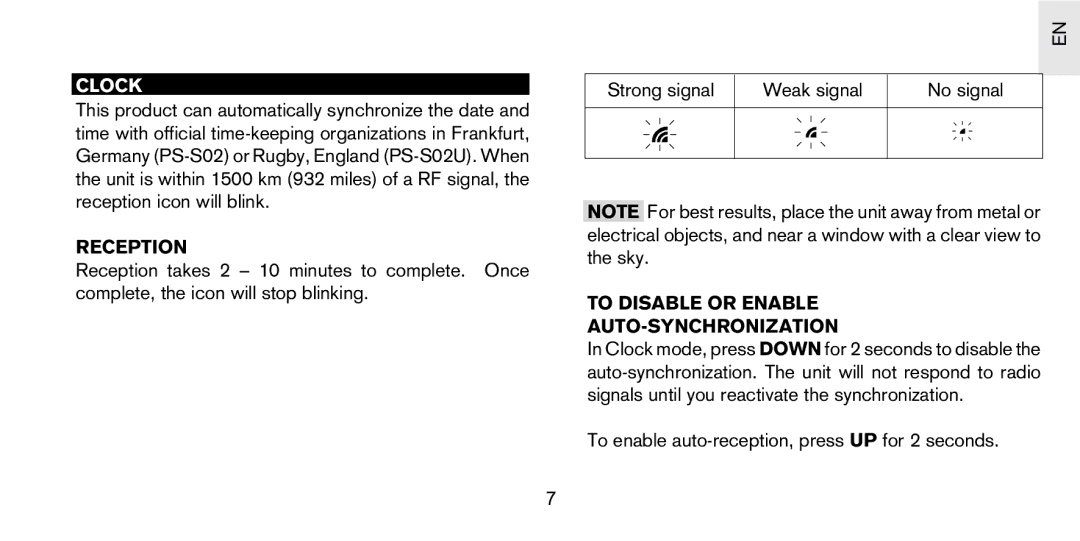 Oregon Scientific PS-S02/PS-S02U user manual Clock, Reception, To Disable or Enable AUTO-SYNCHRONIZATION 