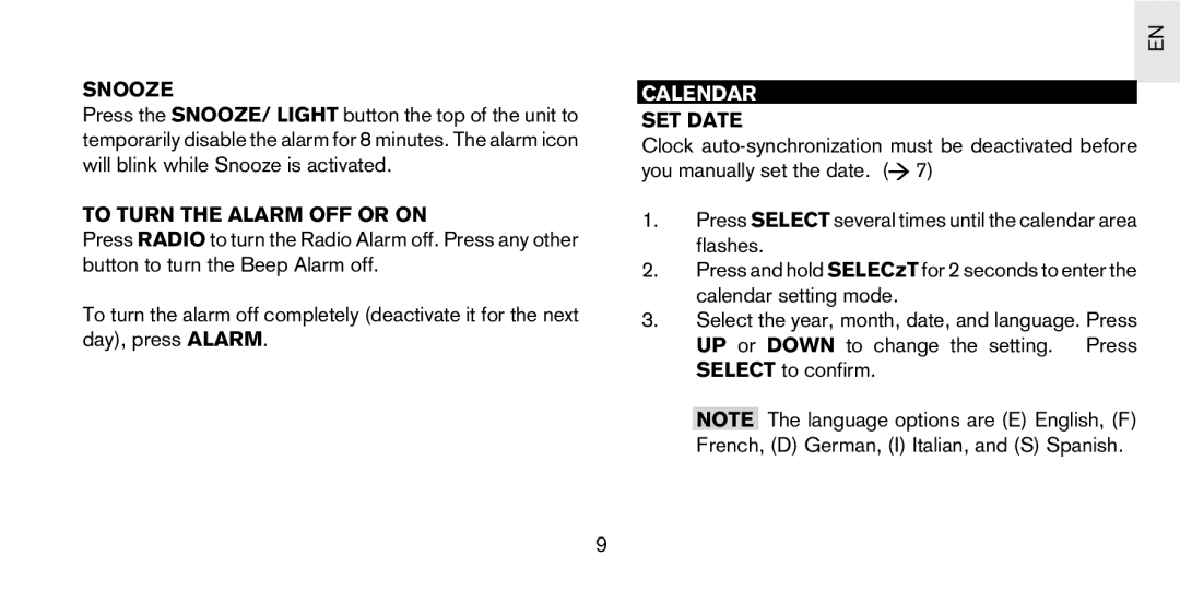 Oregon Scientific PS-S03U user manual Snooze, To Turn the Alarm OFF or on, Calendar, SET Date 