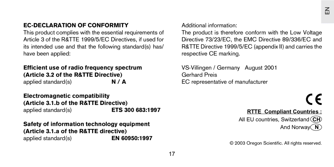 Oregon Scientific PS-S03U user manual EC-DECLARATION of Conformity, Applied standardsN / a, Applied standardsETS 300 