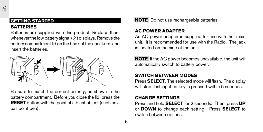 Oregon Scientific PS-S03U user manual Getting Started, Batteries, AC Power Adapter, Switch Between Modes, Change Settings 