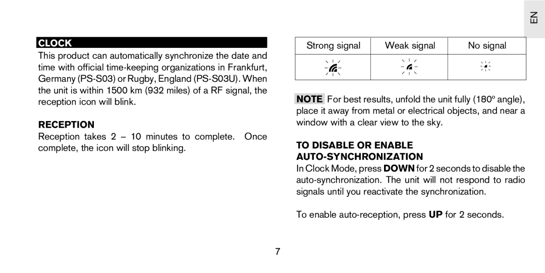 Oregon Scientific PS-S03 Clock, Strong signal Weak signal No signal, Reception, To Disable or Enable AUTO-SYNCHRONIZATION 