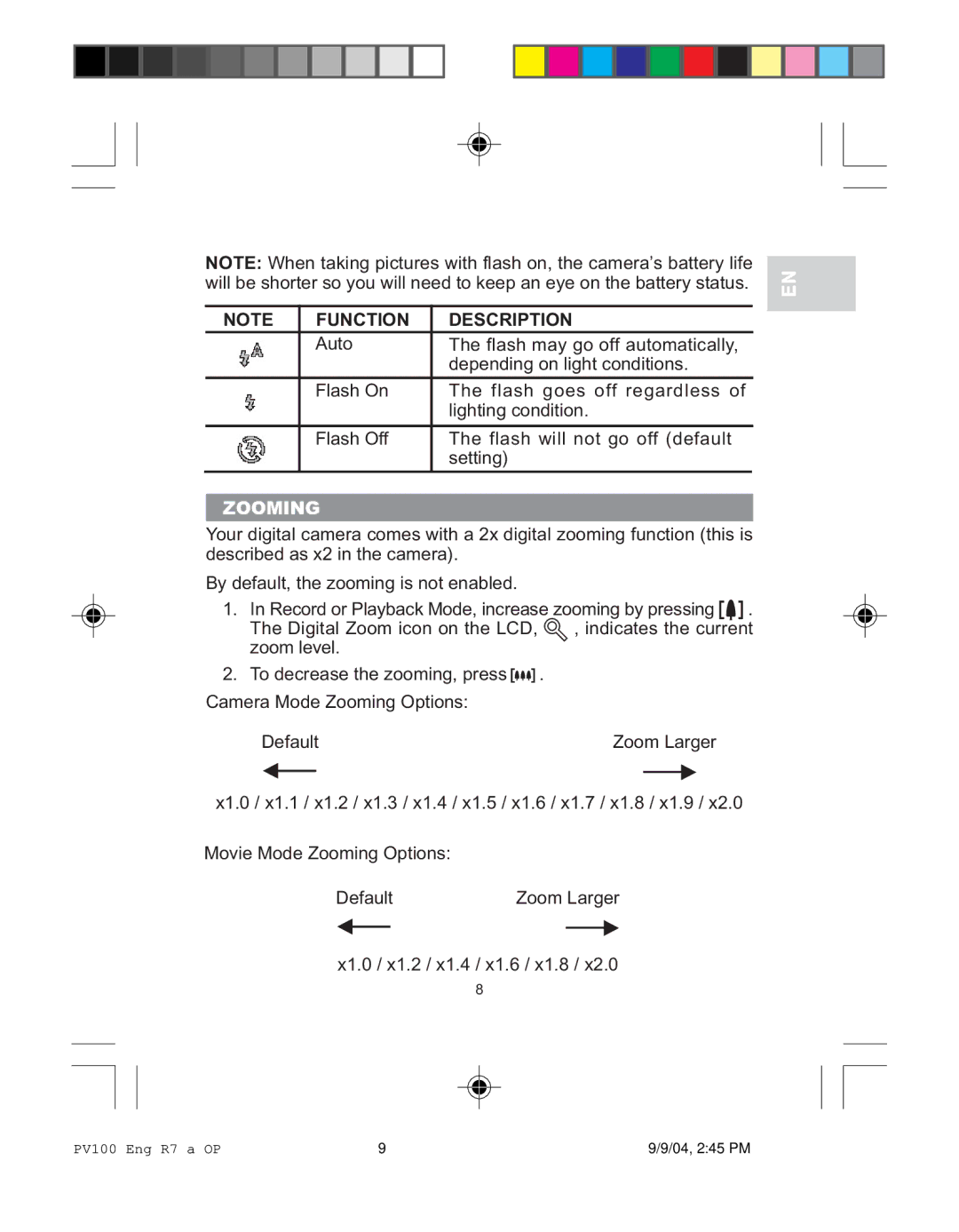 Oregon Scientific PV 100 user manual Function Description, Zooming 