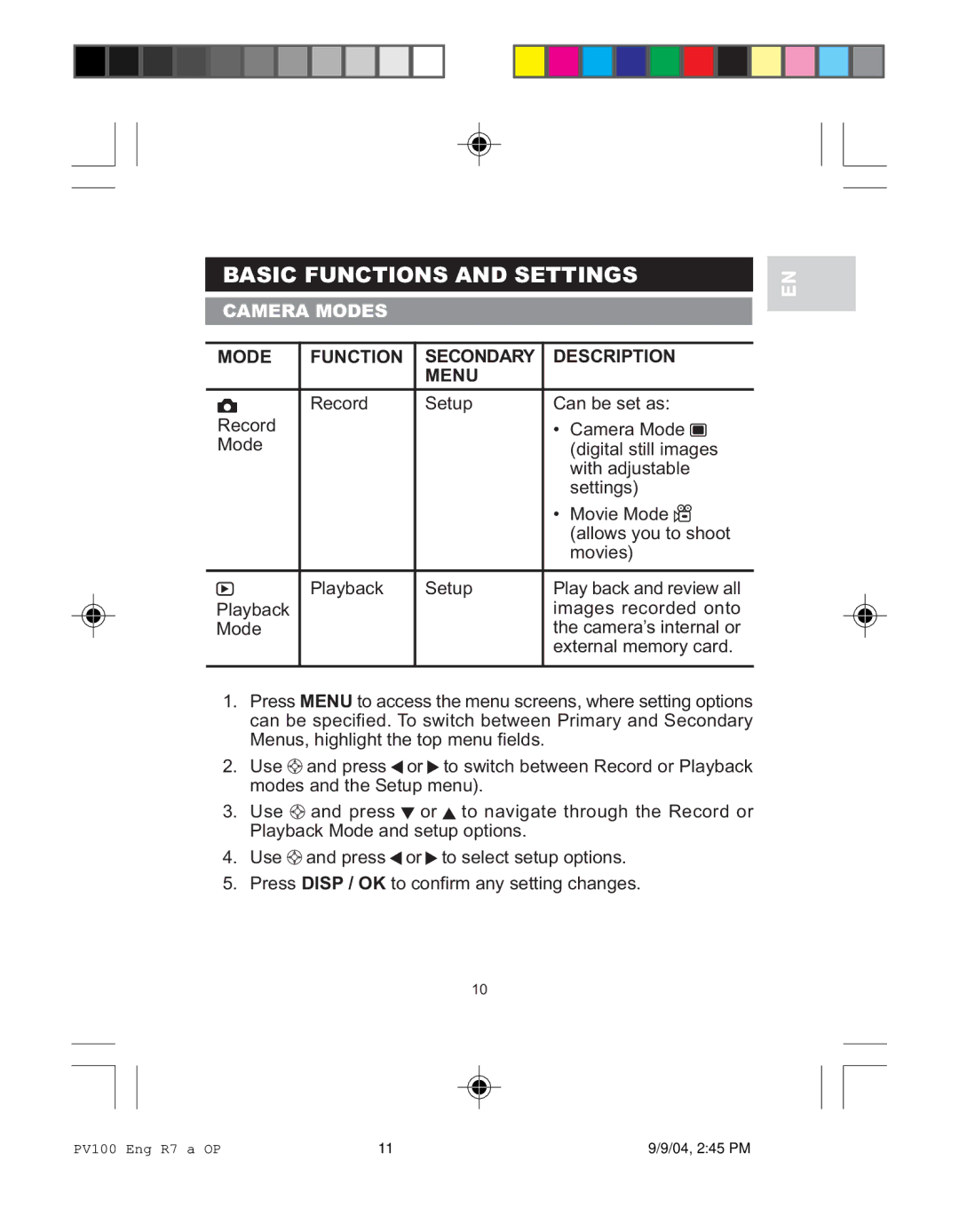 Oregon Scientific PV 100 user manual Basic Functions and Settings, Camera Modes, Mode Function Secondary Description Menu 