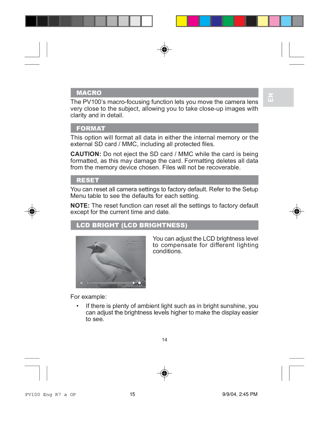 Oregon Scientific PV 100 user manual Macro, Format, Reset, LCD Bright LCD Brightness 