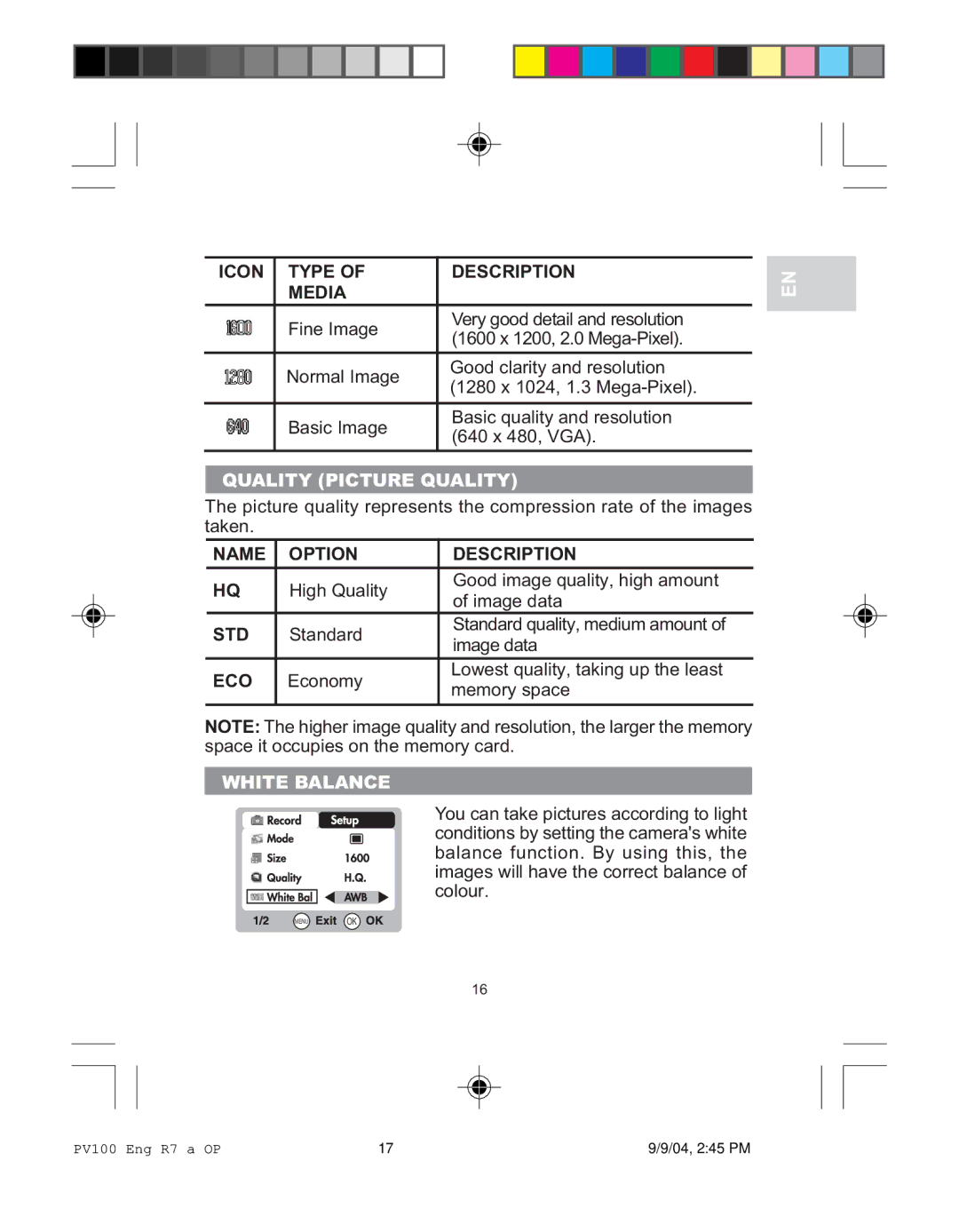 Oregon Scientific PV 100 user manual Quality Picture Quality, Name Option Description, Std, Eco, White Balance 