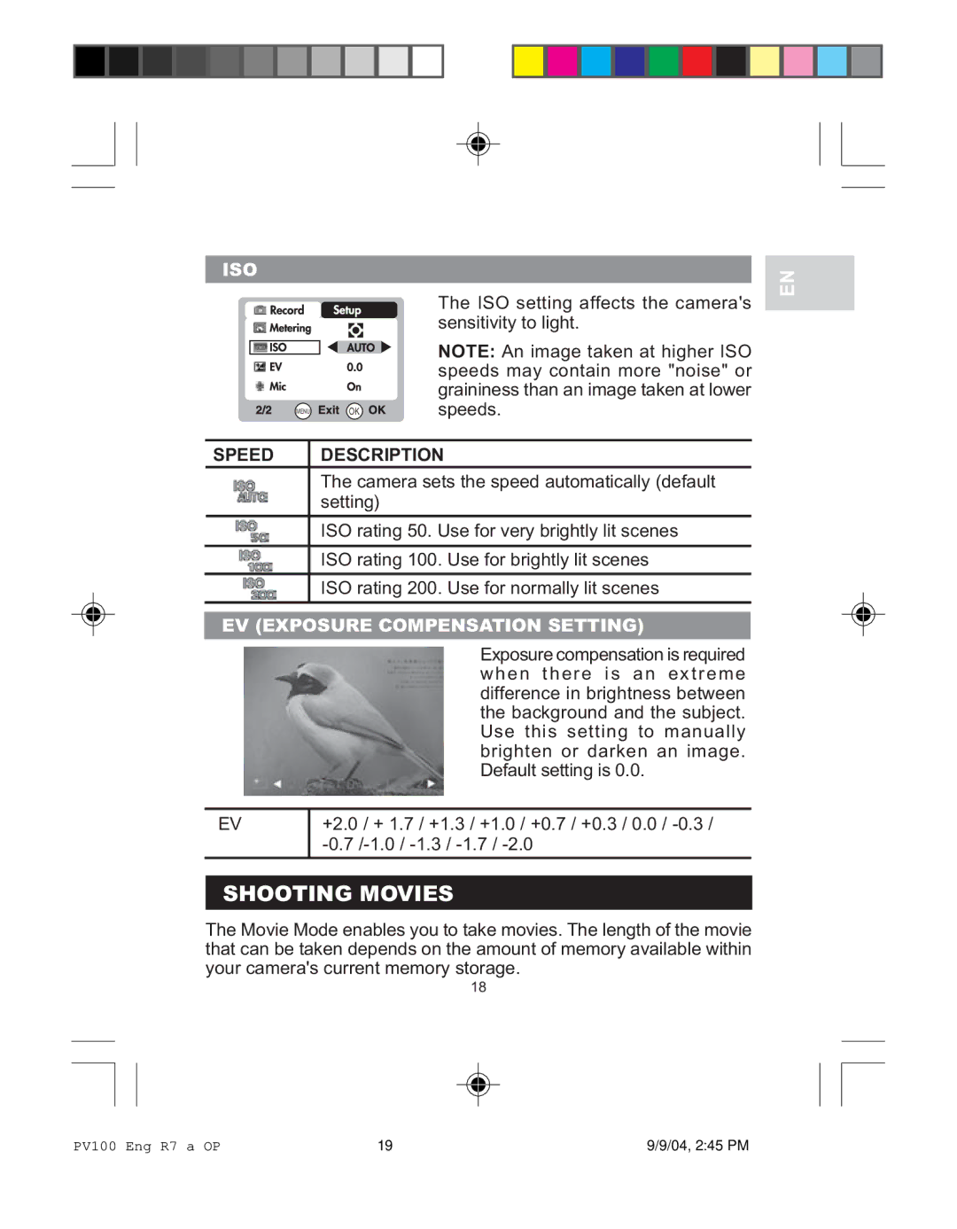 Oregon Scientific PV 100 user manual Shooting Movies, Iso, Speed Description, EV Exposure Compensation Setting 