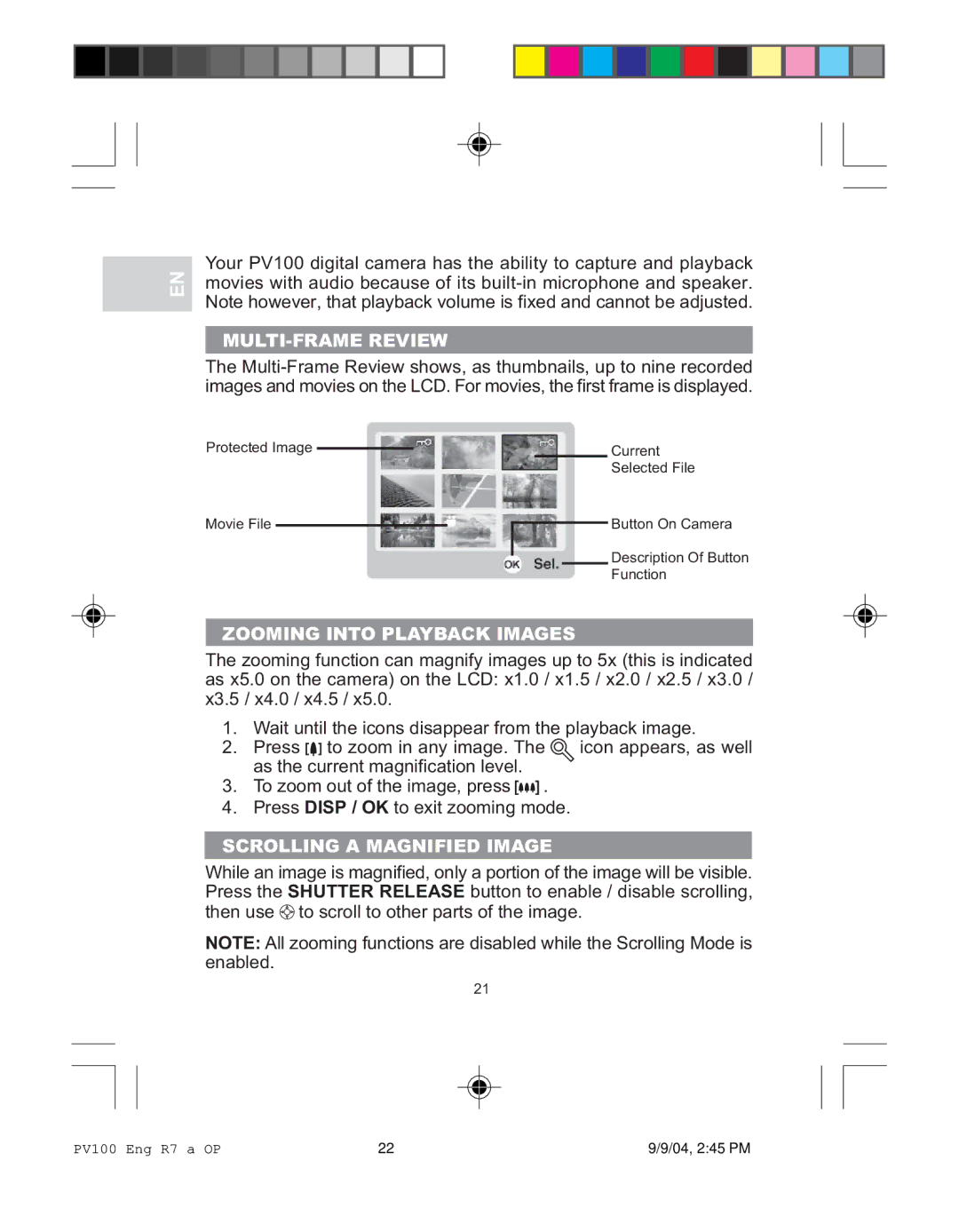 Oregon Scientific PV 100 user manual MULTI-FRAME Review, Zooming Into Playback Images, Scrolling a Magnified Image 