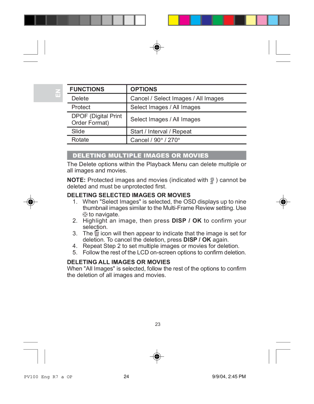 Oregon Scientific PV 100 Functions Options, Deleting Multiple Images or Movies, Deleting Selected Images or Movies 