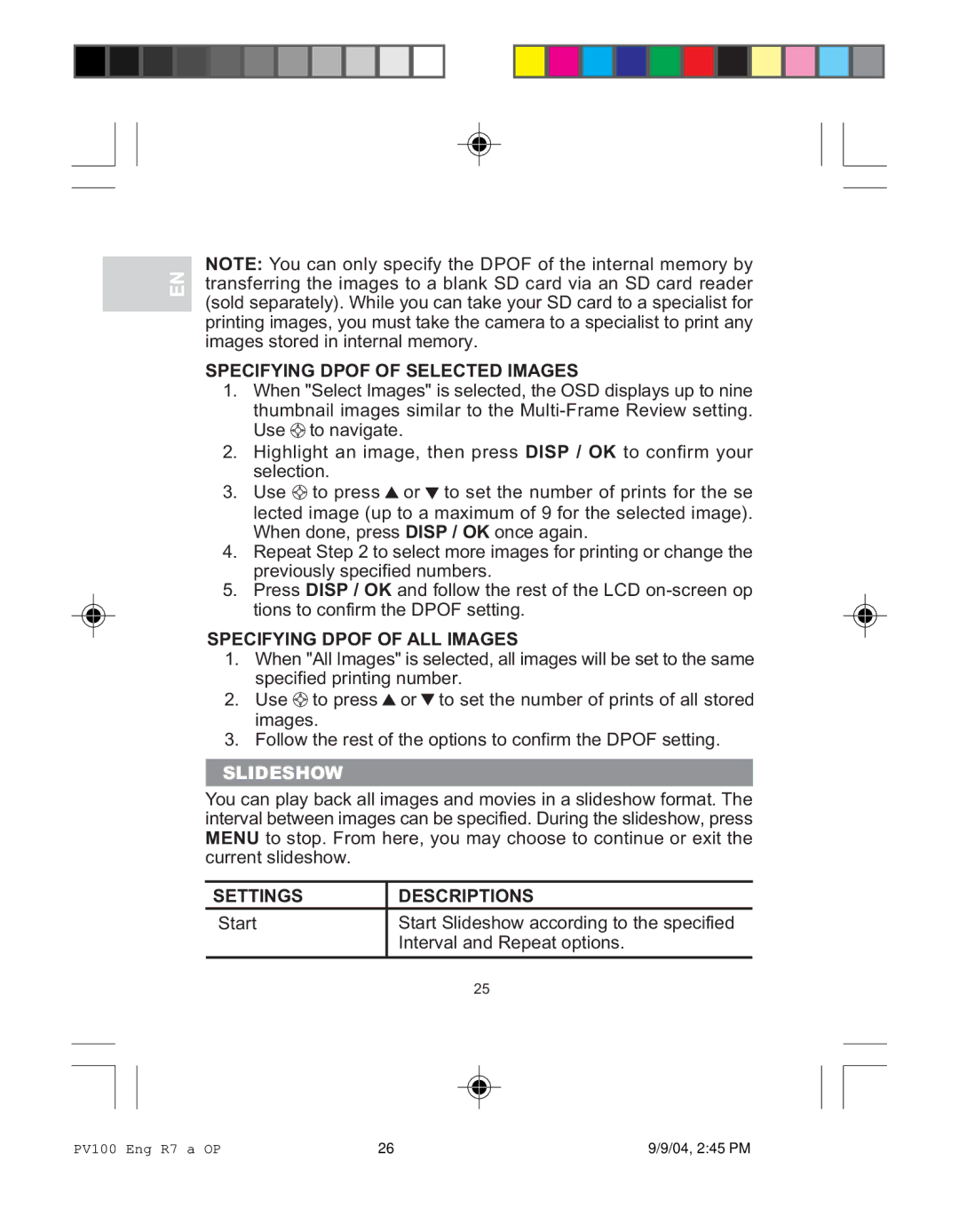 Oregon Scientific PV 100 user manual Specifying Dpof of Selected Images, Specifying Dpof of ALL Images, Slideshow 