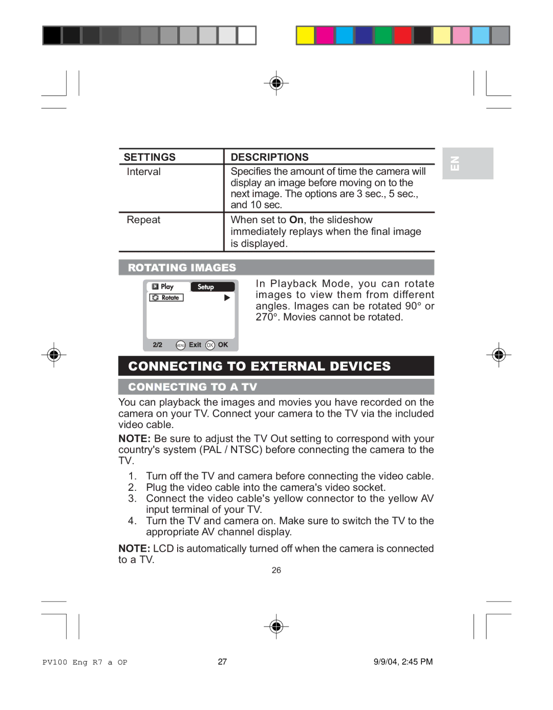 Oregon Scientific PV 100 user manual Connecting to External Devices, Rotating Images, Connecting to a TV 