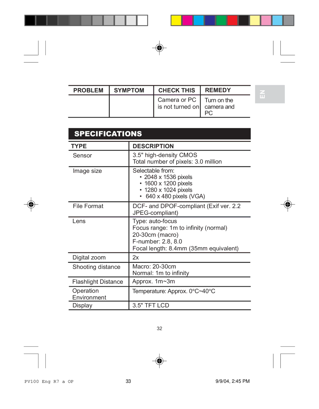 Oregon Scientific PV 100 user manual Specifications, Type Description 