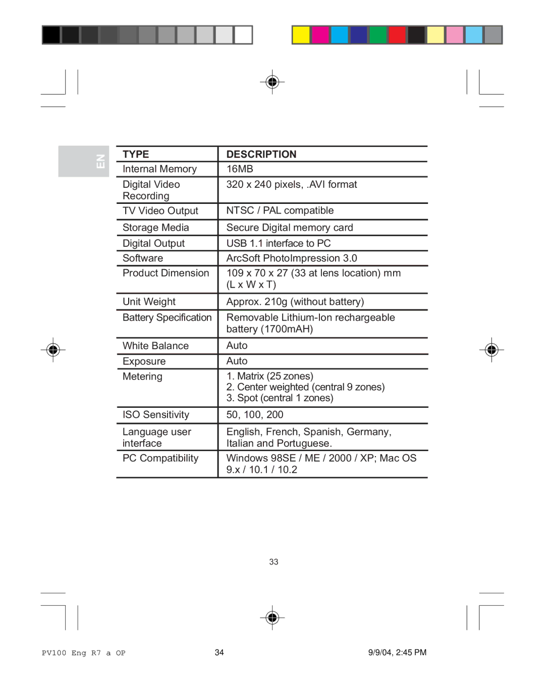 Oregon Scientific PV 100 user manual Removable Lithium-Ion rechargeable 