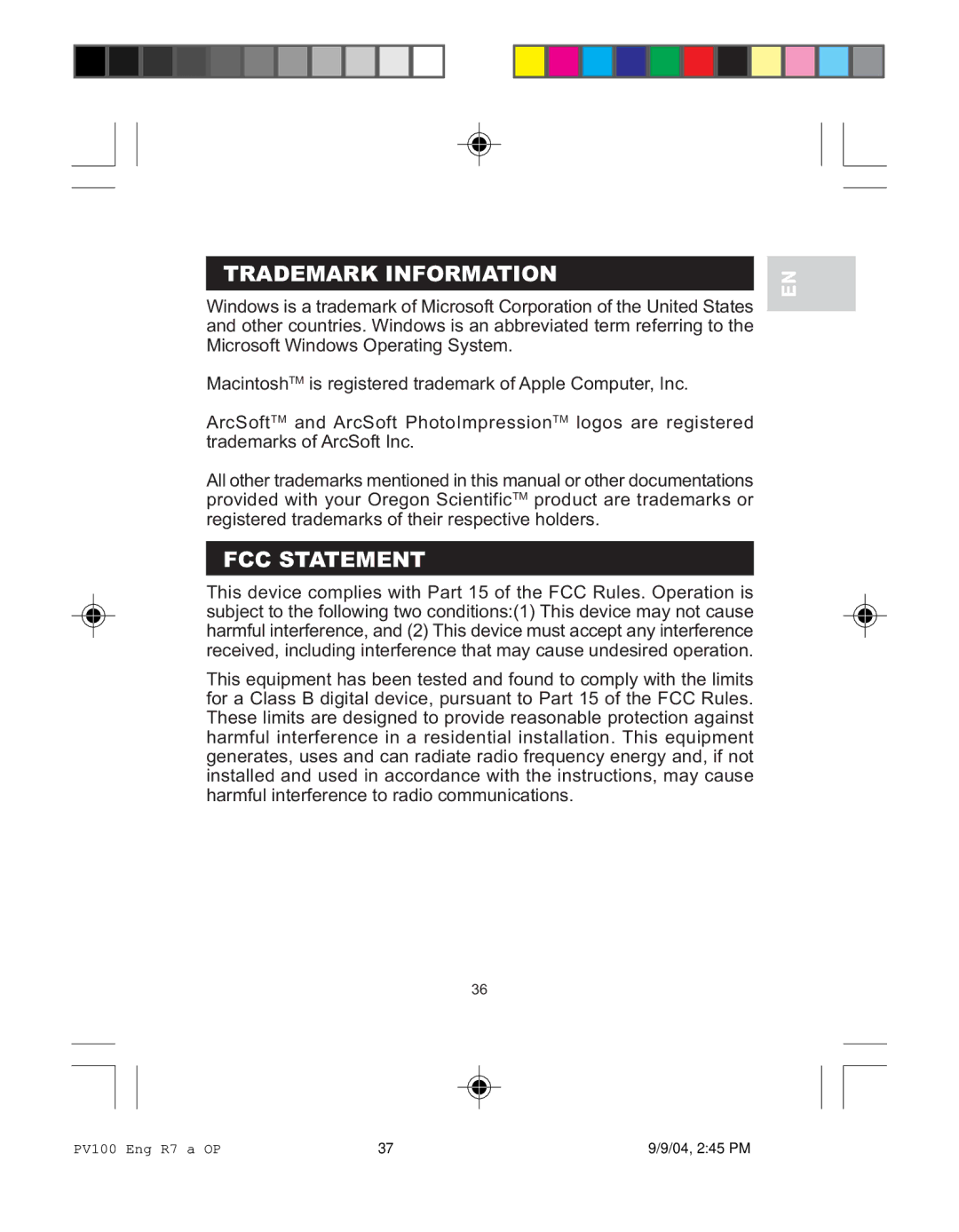 Oregon Scientific PV 100 user manual Trademark Information, FCC Statement 