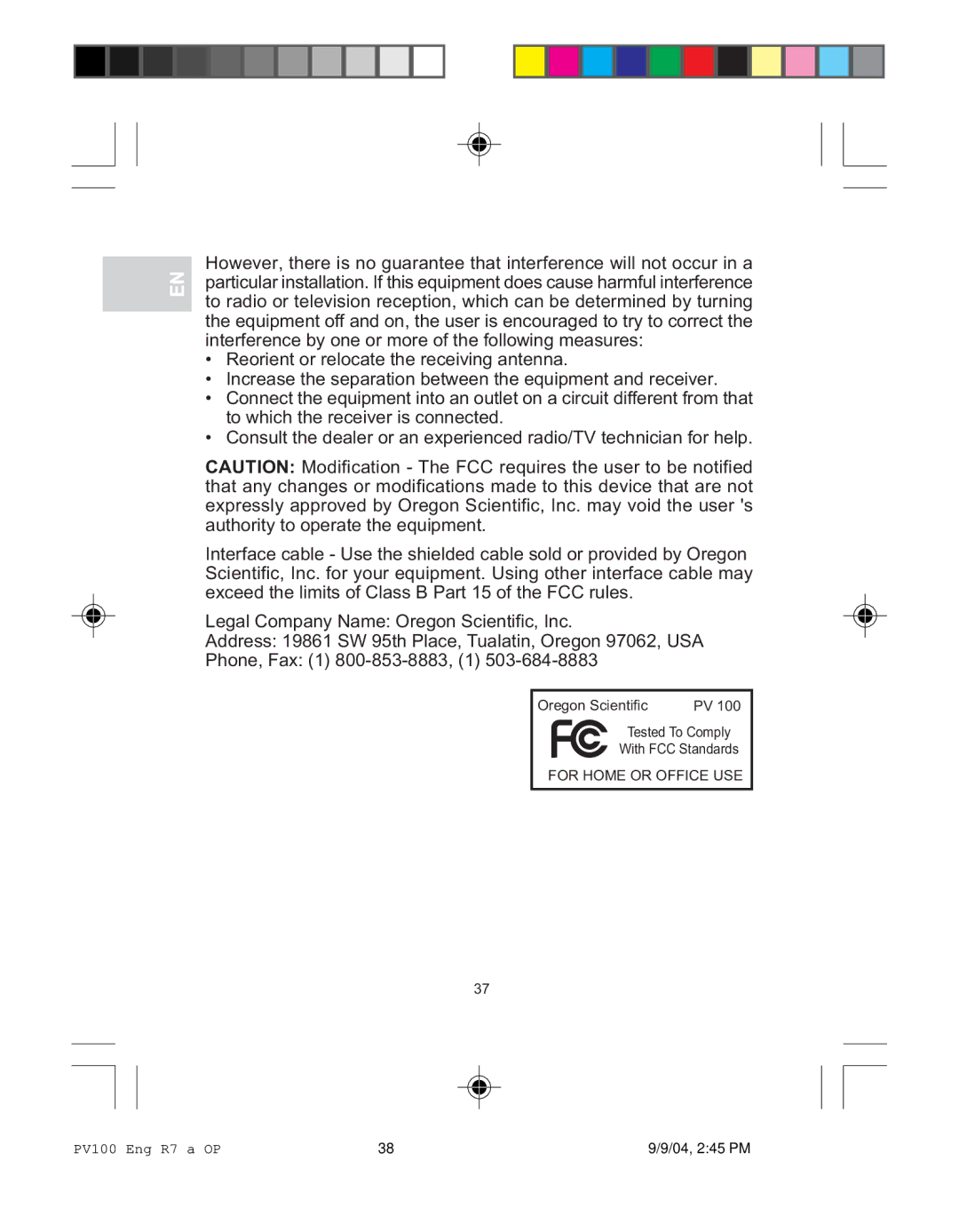 Oregon Scientific PV 100 user manual For Home or Office USE 