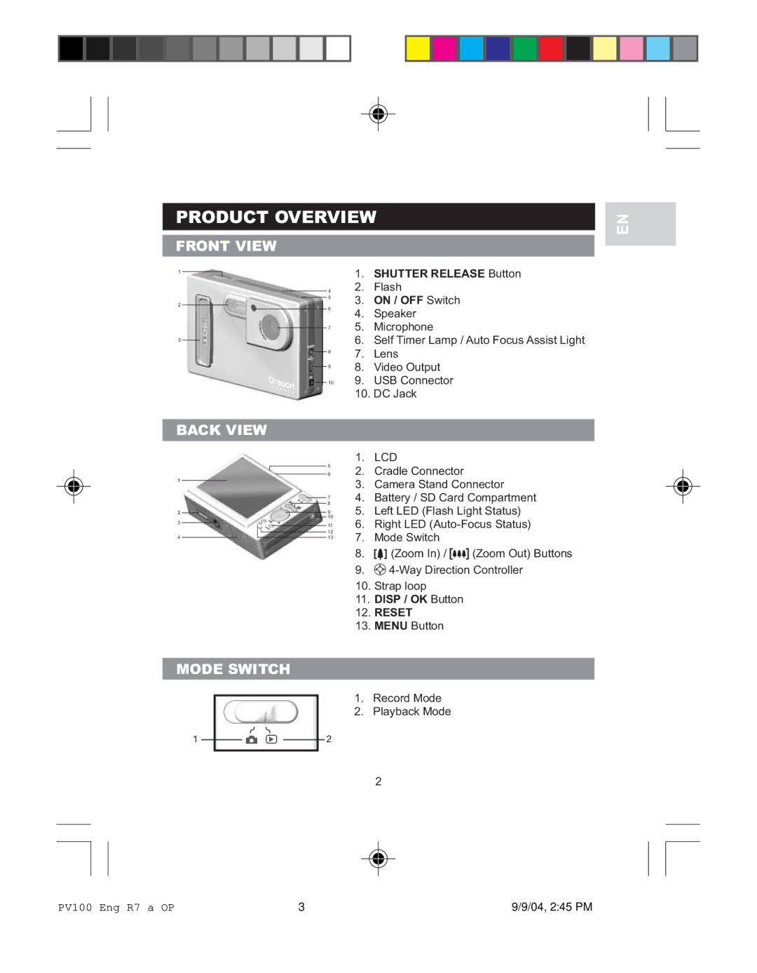 Oregon Scientific PV 100 user manual Product Overview, Front View, Back View, Mode Switch 