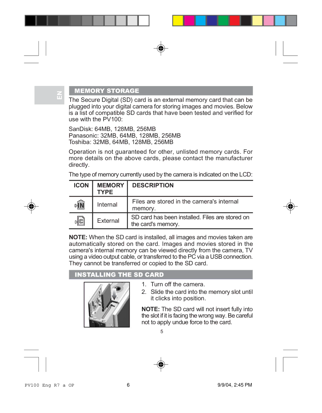 Oregon Scientific PV 100 user manual Memory Storage, Icon Memory Description Type, Installing the SD Card 