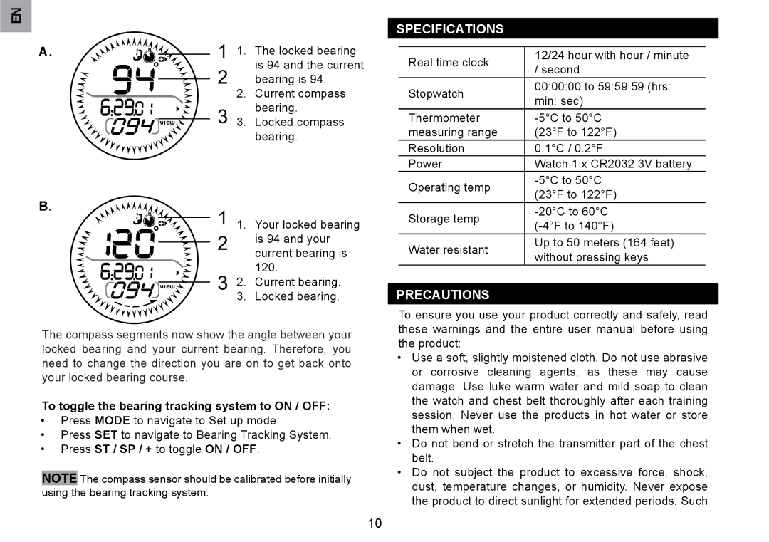 Oregon Scientific RA126 user manual Specifications, Precautions, To toggle the bearing tracking system to on / OFF 