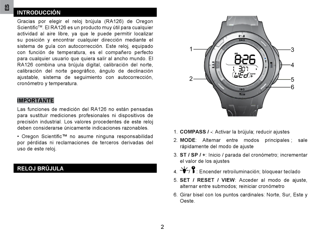 Oregon Scientific RA126 user manual Introducción, Reloj Brújula 