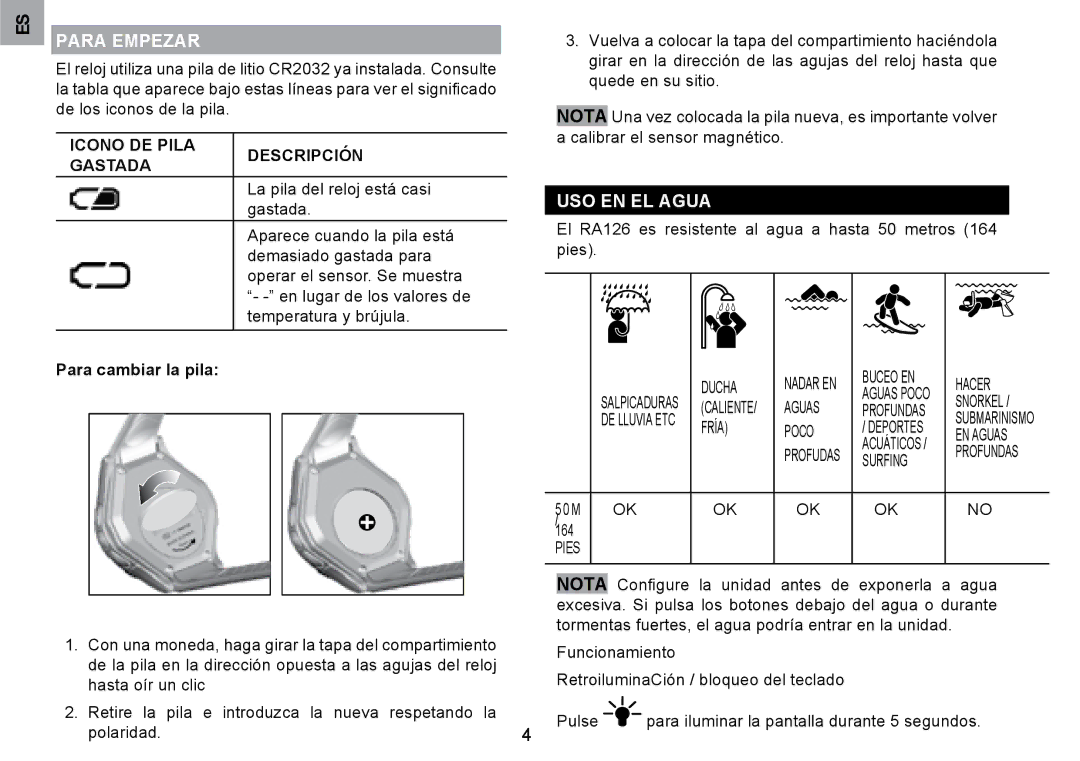 Oregon Scientific RA126 user manual USO EN EL Agua, Para cambiar la pila 