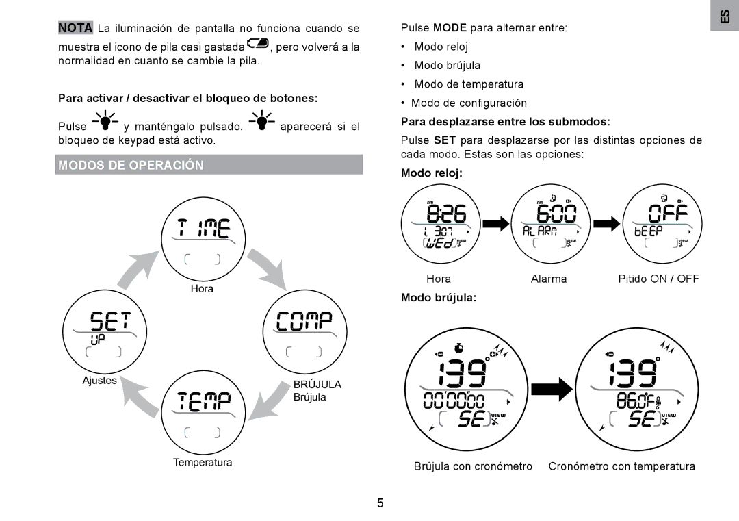 Oregon Scientific RA126 user manual Modos DE Operación, Para activar / desactivar el bloqueo de botones, Modo brújula 