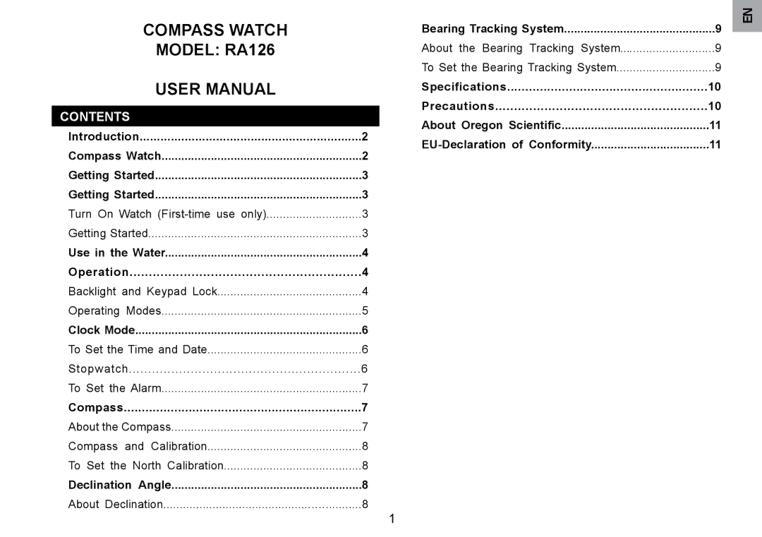 Oregon Scientific user manual Compass Watch Model RA126, Contents 