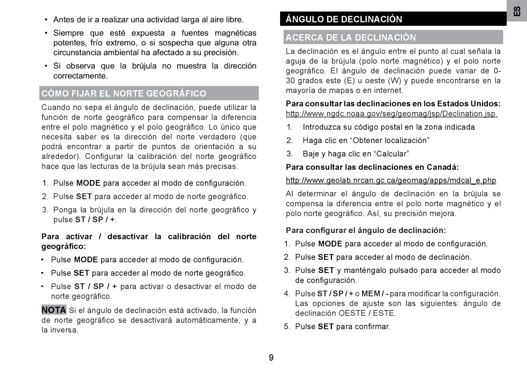 Oregon Scientific RA126 user manual Cómo Fijar EL Norte Geográfico, Ángulo DE Declinación Acerca DE LA Declinación 