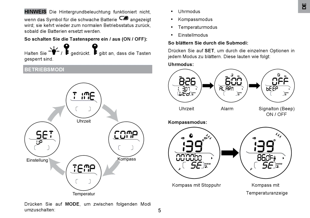 Oregon Scientific RA126 user manual Betriebsmodi, So schalten Sie die Tastensperre ein / aus on / OFF, Kompassmodus 