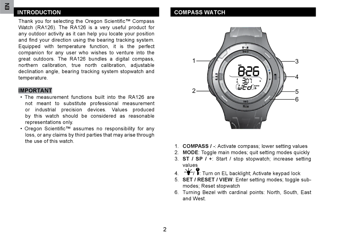 Oregon Scientific RA126 user manual Introduction, Compass Watch 