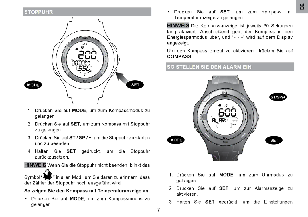 Oregon Scientific RA126 Stoppuhr, SO Stellen SIE DEN Alarm EIN, So zeigen Sie den Kompass mit Temperaturanzeige an 