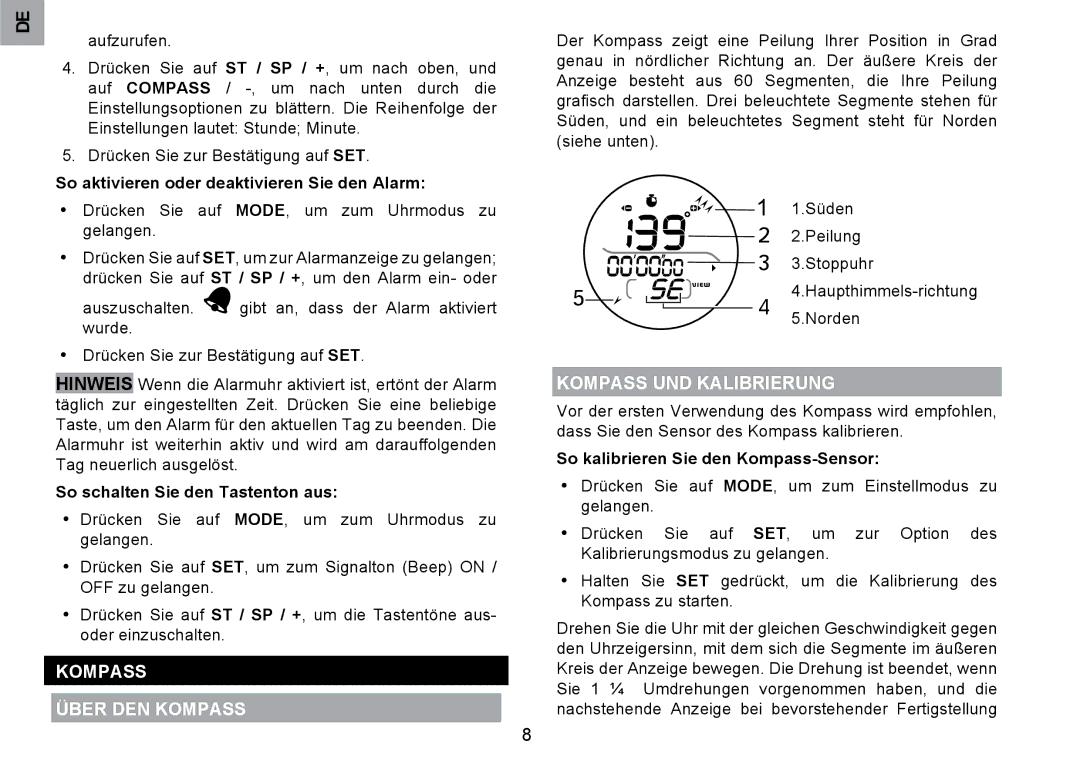 Oregon Scientific RA126 Kompass Über DEN Kompass, Kompass UND Kalibrierung, So aktivieren oder deaktivieren Sie den Alarm 