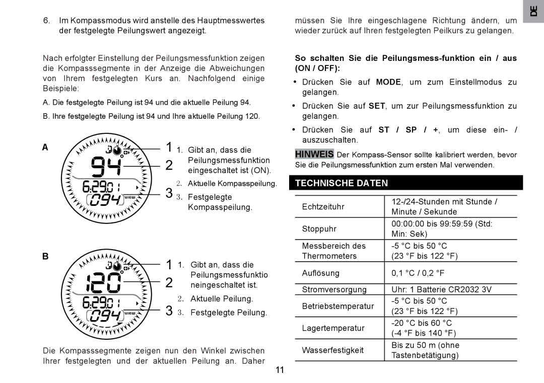 Oregon Scientific RA126 user manual Technische Daten, So schalten Sie die Peilungsmess-funktion ein / aus on / OFF 