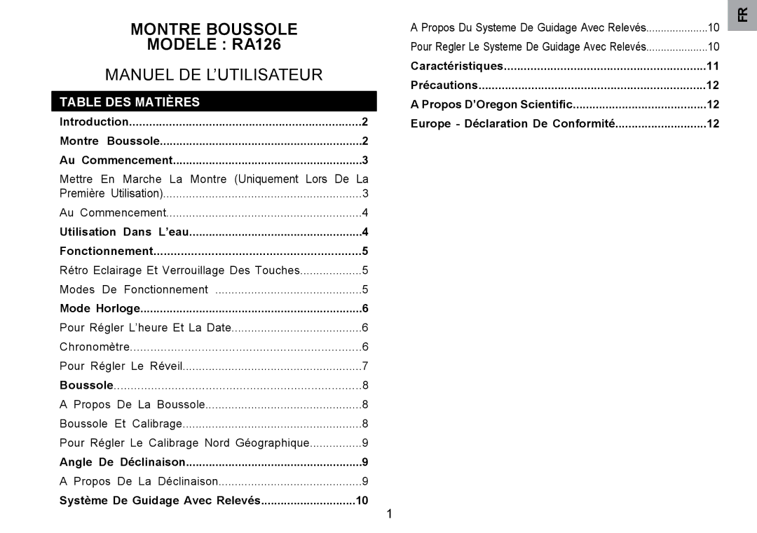 Oregon Scientific RA126 user manual Table DES Matières 