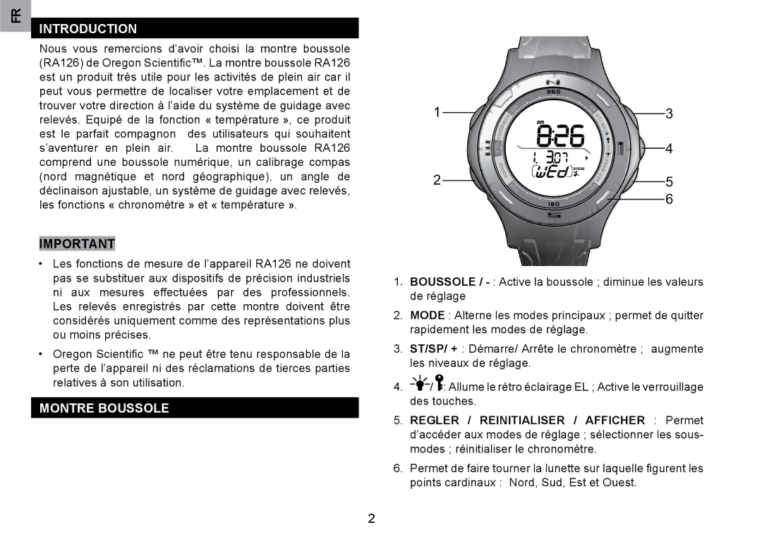 Oregon Scientific RA126 user manual Introduction, Montre Boussole 