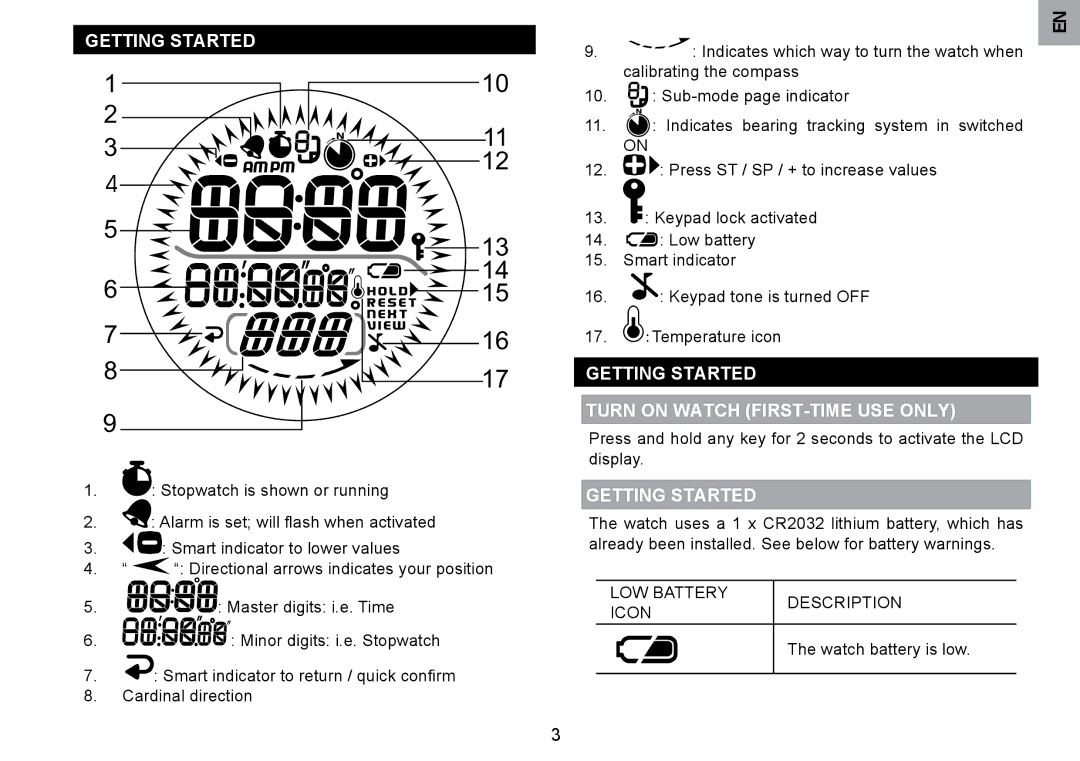 Oregon Scientific RA126 user manual Getting Started Turn on Watch FIRST-TIME USE only 