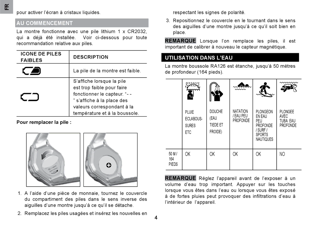 Oregon Scientific RA126 user manual Utilisation Dans L’EAU, Pour remplacer la pile 