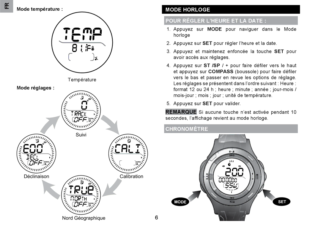 Oregon Scientific RA126 Mode Horloge Pour Régler L’HEURE ET LA Date, Chronomètre, Mode température, Mode réglages 