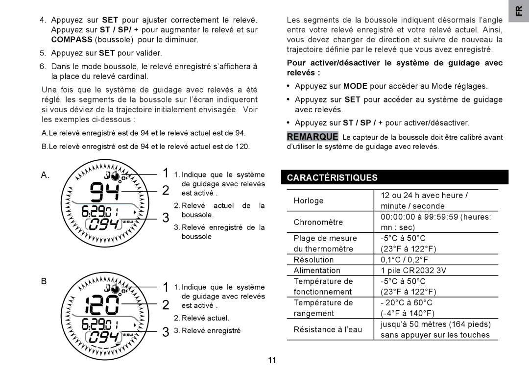 Oregon Scientific RA126 user manual Caractéristiques, Pour activer/désactiver le système de guidage avec relevés 