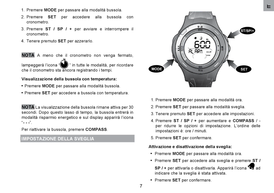 Oregon Scientific RA126 user manual Impostazione Della Sveglia, Visualizzazione della bussola con temperatura 