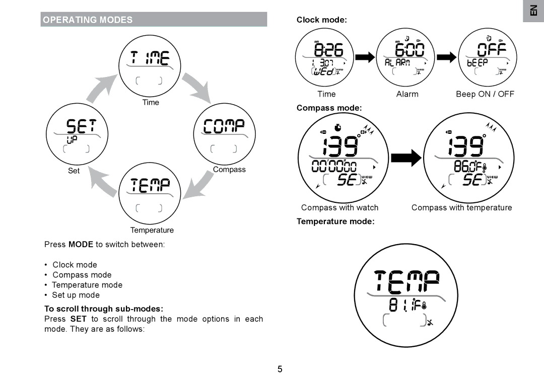 Oregon Scientific RA126 user manual Operating Modes, Compass mode, Temperature mode, To scroll through sub-modes 