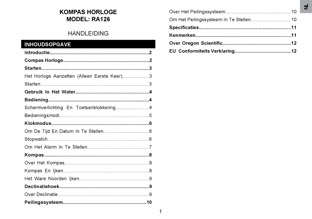 Oregon Scientific RA126 user manual Inhoudsopgave 