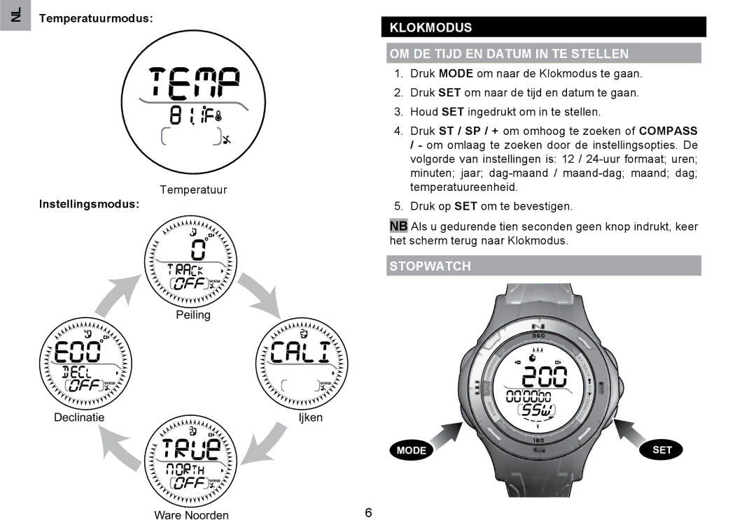 Oregon Scientific RA126 user manual Klokmodus OM DE Tijd EN Datum in TE Stellen, Temperatuurmodus, Instellingsmodus 