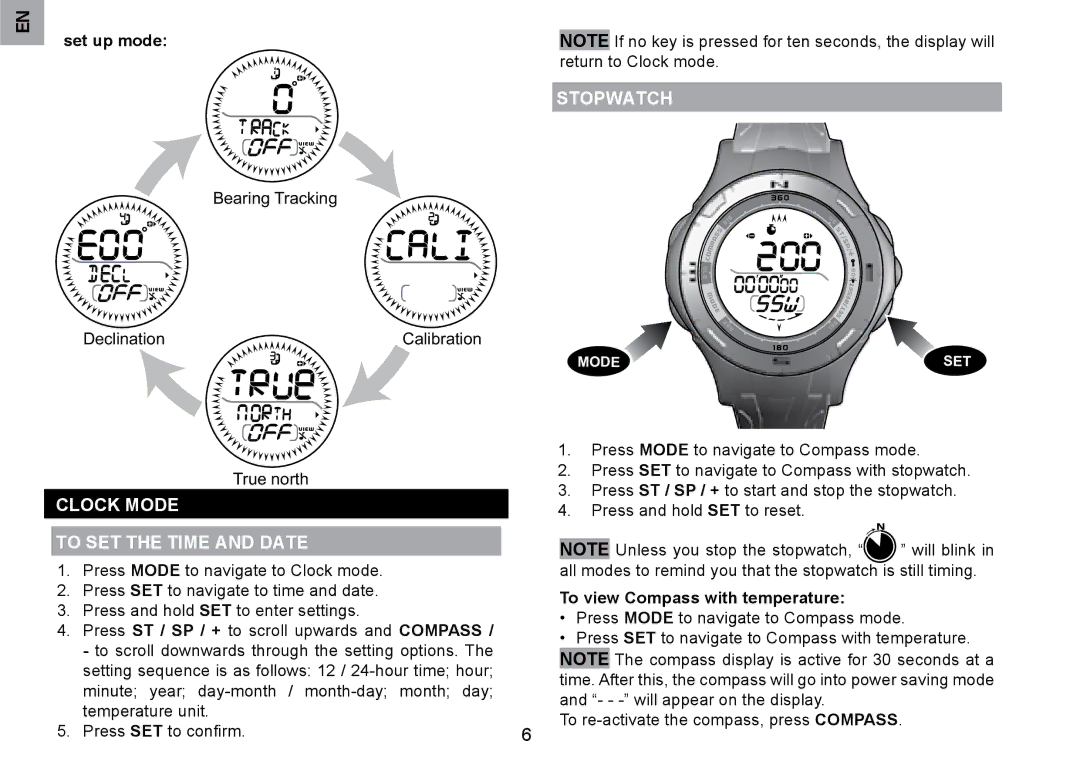 Oregon Scientific RA126 Stopwatch, Clock Mode, To SET the Time and Date, Set up mode, To view Compass with temperature 