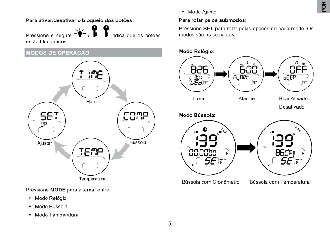 Oregon Scientific RA126 Modos DE Operação, Para ativar/desativar o bloqueio dos botões, Para rolar pelos submodos 