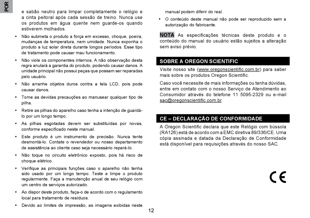 Oregon Scientific RA126 user manual Sobre a Oregon Scientific, CE Declaração DE Conformidade 