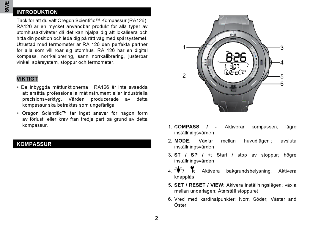 Oregon Scientific RA126 user manual Introduktion, Kompassur 