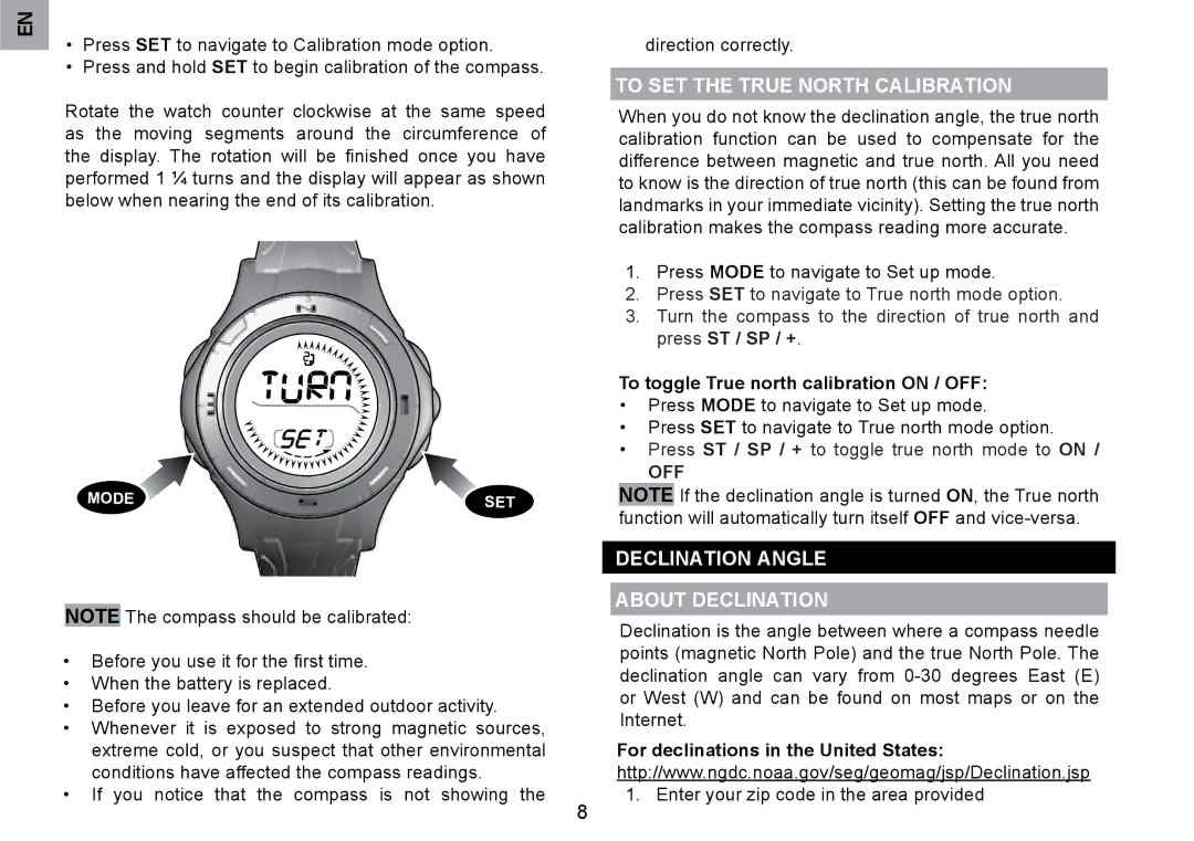 Oregon Scientific RA126 user manual To SET the True North Calibration, Declination Angle About Declination 